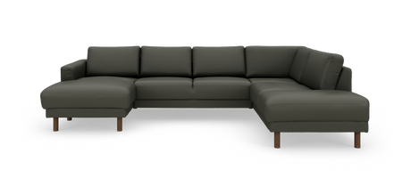 Mørkegrøn U‑formet modulsofa med chaiselong på både venstre og højre side, træben, frilagt på hvid baggrund.