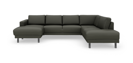 Mørkegrå hjørnesofa i L‑form med venstre chaiselong og kromben, frilagt produktfoto.