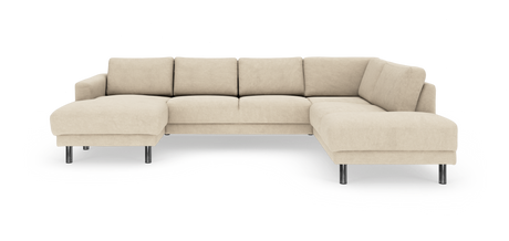 Beige L-formet modulsofa med chaiselong til venstre og kromben, frilagt på hvid baggrund.