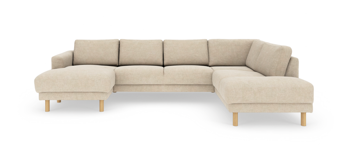 Beige L-formet modulsofa med chaiselong til venstre og åben afslutning til højre, på lyse træben.
