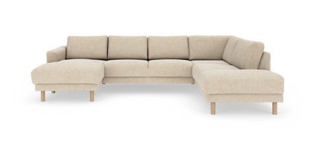 Beige U-formet modulsofa med chaiselong til venstre og åben afslutning til højre, på træben.