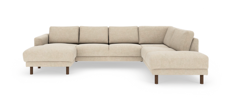 Beige U-formet modulsofa med chaiselong i begge ender og træben, frilagt på hvid baggrund.