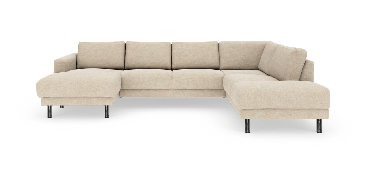 Beige L‑formet modulsofa med chaiselong til venstre og metalben, frilagt på hvid baggrund.