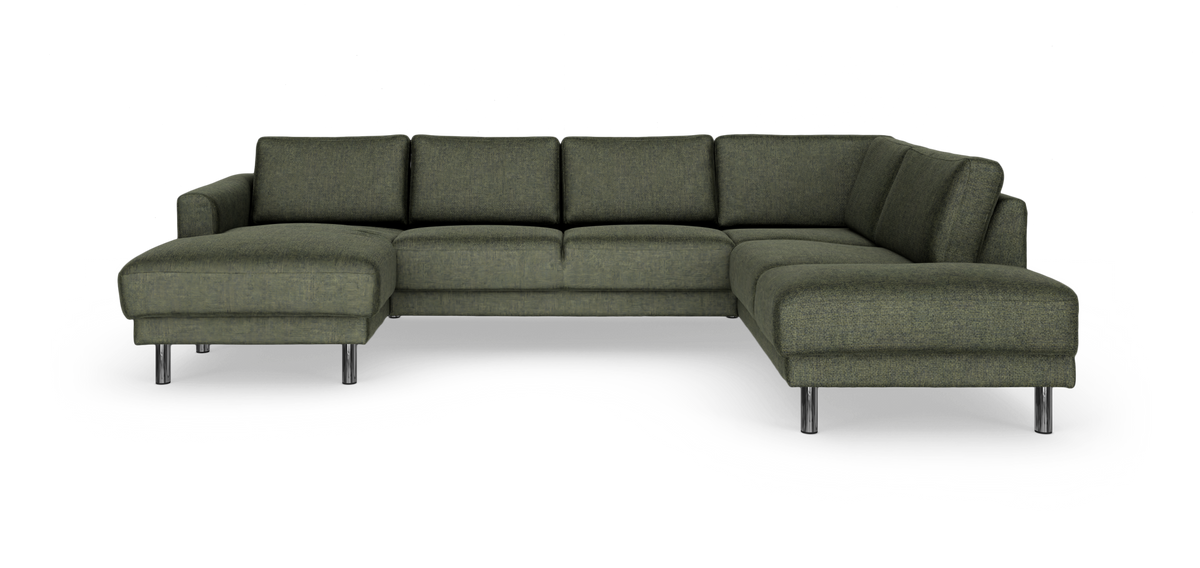 Grøn U‑sofa med chaiselonger i begge ender og kromben, frilagt på hvid baggrund.