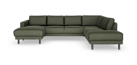 Grøn U‑sofa med chaiselonger i begge ender og kromben, frilagt på hvid baggrund.