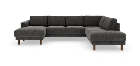 Mørkegrå U‑sofa i stof med chaiselong til venstre, åbent hjørne til højre og runde træben.