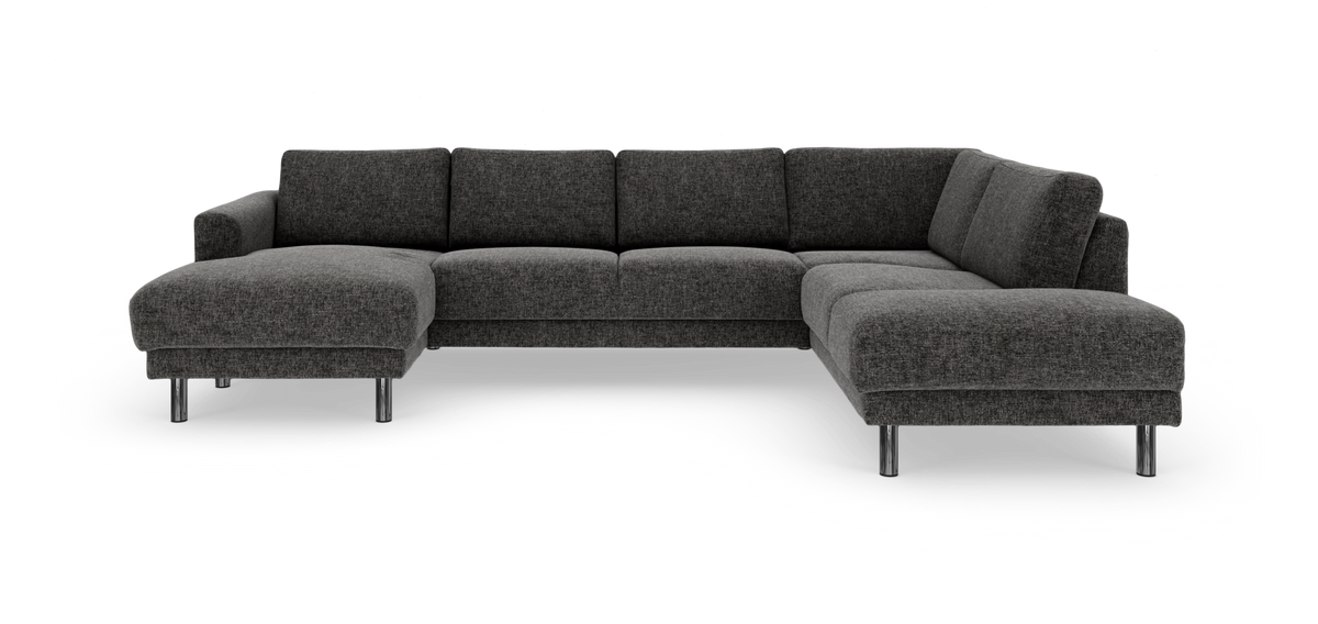 Mørkegrå hjørnesofa med chaiselong og kromben, frilagt produktbillede.