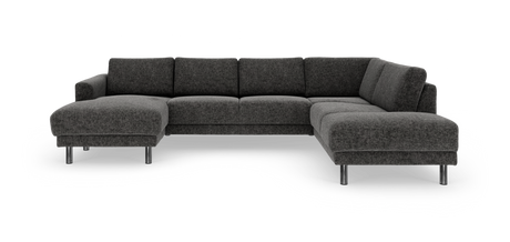 Mørkegrå hjørnesofa med chaiselong og kromben, frilagt produktbillede.