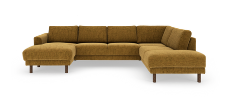 U‑formet modulsofa i sennepsgul tekstil med træben, frilagt på hvid baggrund.
