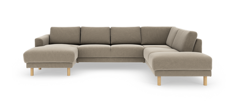 Beige U‑sofa i stof med træben, venstrevendt chaiselong og højrevendt divan, frilagt produktbillede.