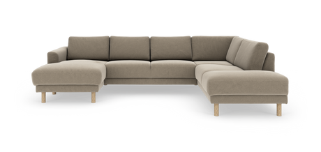 Beige U‑formet modulsofa med chaiselong i begge ender og runde træben, frilagt på hvid baggrund.