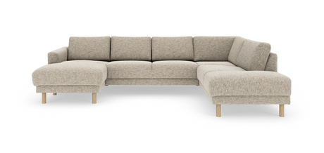 Beige U-formet hjørnesofa med chaiselong i begge ender og runde træben, fritlagt på hvid baggrund.