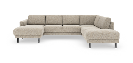 Beige L-formet modulsofa med chaiselong og kromben, frilagt på hvid baggrund.