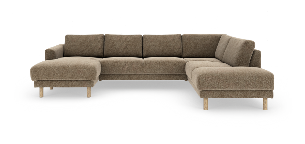 Brun L-formet modulsofa med chaiselong til venstre og åben afslutning til højre, stofbetræk og lyse træben.