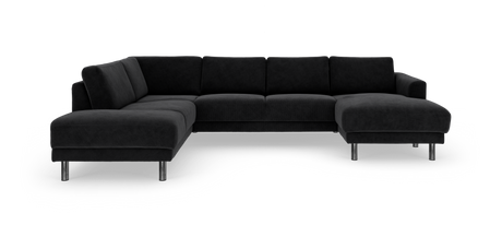 Sort modulær hjørnesofa med højre chaiselong og metalben, bred og lav profil.