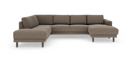Hjørnesofa med chaiselong til højre i brun/taupe stof og metalben, frilagt på hvid baggrund.