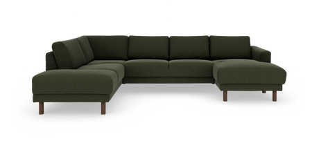 Mørkegrøn modul-hjørnesofa i U-form med chaiselong i begge ender og træben.