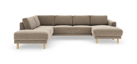 U-formet beige modulsofa med chaiselonger i begge ender og runde træben.
