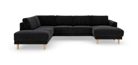 Sort U-formet modulsofa med chaiselong til højre og lyse træben, frilagt på hvid baggrund.