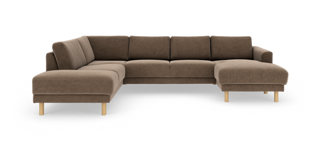 Brun L‑formet modulsofa med chaiselong til højre og lyse træben, frilagt på hvid baggrund.