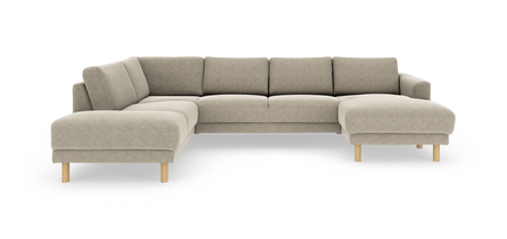 Beige modulsofa i L‑form med chaiselong til højre og lyse træben.