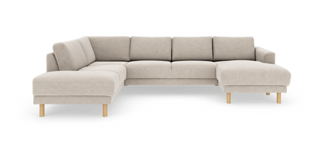 Beige hjørnesofa med chaiselong til højre, frilagt på hvid baggrund.