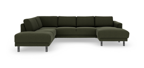 Mørkegrøn modulhjørnesofa med chaiselong i højre side og metalben, frilagt på hvid baggrund.