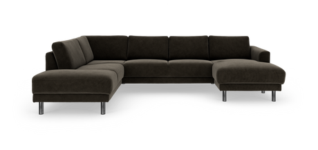 Stor L-formet mørkebrun hjørnesofa med chaiselong og kromben, fritstående på hvid baggrund.