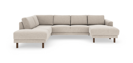L‑formet modulsofa i beige stof med chaiselong til højre og træben.