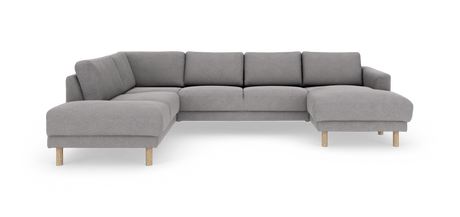 Grå modulær hjørnesofa med chaiselong til højre og træben, vist på hvid baggrund.