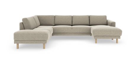 L-formet beige hjørnesofa med træben i moderne, blød design.