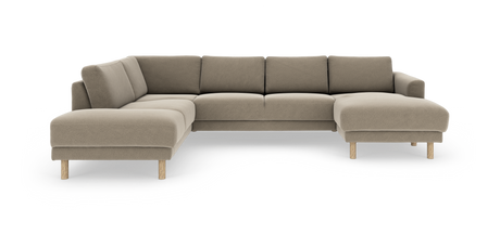 Beige modul-hjørnesofa med højre chaiselong og runde træben, frilagt på hvid baggrund.
