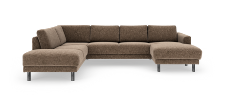 Brun L‑formet modulsofa med chaiselong til højre og kromben, fritlagt på hvid baggrund.
