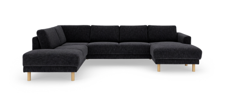 Mørkegrå hjørnesofa med chaiselong og runde træben.