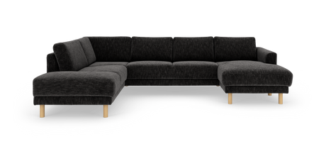 Mørkegrå modulsofa i U‑form med chaiselong i begge ender og lyse træben.