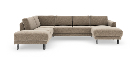 Beige L‑sofa med chaiselong til højre og forkromede ben, frilagt på hvid baggrund.