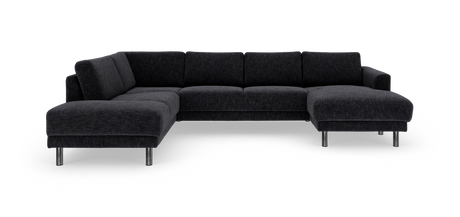 Mørkegrå modulsofa i stof med kromben, U-formet hjørnesofa med chaiselong i begge ender, frilagt på hvid baggrund.