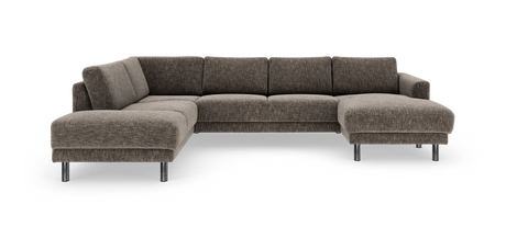 Brungrå U-formet modulsofa med chaiselong i begge ender, meleret stof og kromben, frilagt på hvid baggrund.