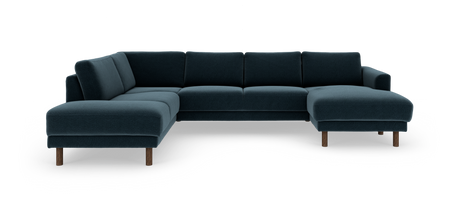 Mørk petrolblå hjørnesofa med chaiselong på både venstre og højre side, træben og ren studiebaggrund.