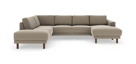 Beige modulsofa i L-form med højrevendt chaiselong og træben, moderne og minimalistisk.