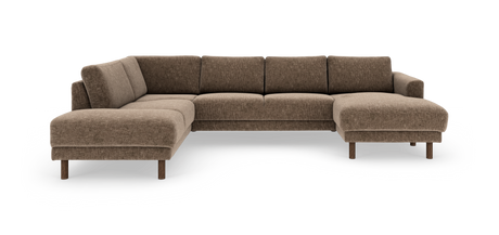 Brun U‑sofa i stof med chaiselong i begge sider og runde træben.