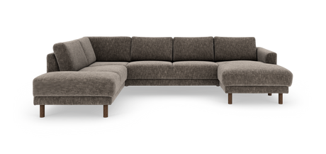 Stor U‑sofa i mørkegråt stof med træben, chaiselong på både venstre og højre side.
