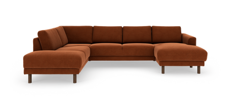 Rustbrun modulær hjørnesofa med chaiselong til højre, fritlagt på hvid baggrund.