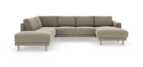 Beige L‑formet modulsofa med chaiselong til højre og træben, frilagt på hvid baggrund.