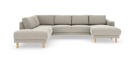 Beige U-formet hjørnesofa med chaiselonger i begge ender og lyse træben, moderne minimalistisk design.