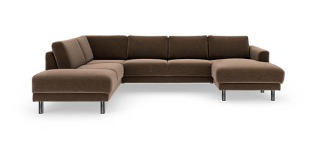 Brun L‑formet hjørnesofa med chaiselong og kromben, frilagt på hvid baggrund.