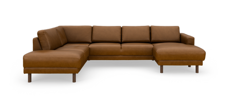 Hjørnesofa i brun læder med chaiselong til højre, slanke træben og rene linjer, frilagt på hvid baggrund.