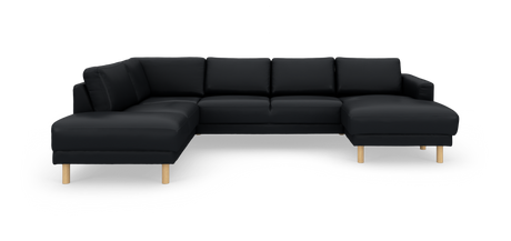 Sort modulsofa i U‑form med chaiselonger på begge sider og lyse, runde træben.
