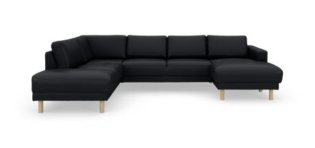 Sort U-sofa med chaiselonger i begge sider og lyse træben, frilagt på hvid baggrund.
