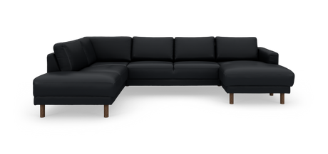 Sort L‑formet modulsofa med chaiselong i begge ender og træben, frilagt på hvid baggrund.